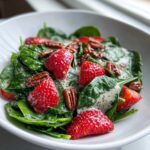Close-up of vibrant Strawberry Spinach Salad with poppy seed dressing and pecans in a white bowl.