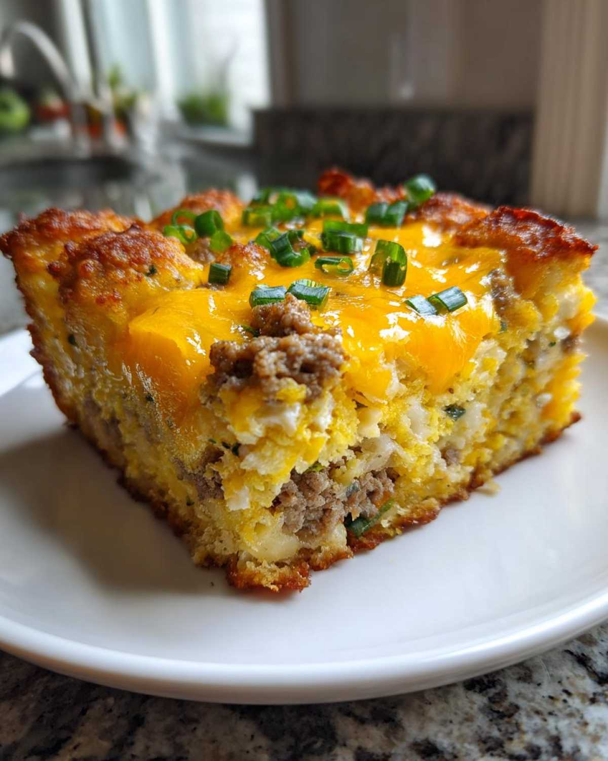 A square slice of Tater Tot Breakfast Casserole topped with melted cheddar cheese and green onions.