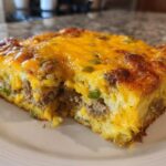 A close-up slice of Tater Tot Breakfast Casserole topped with melted cheddar cheese and sausage.
