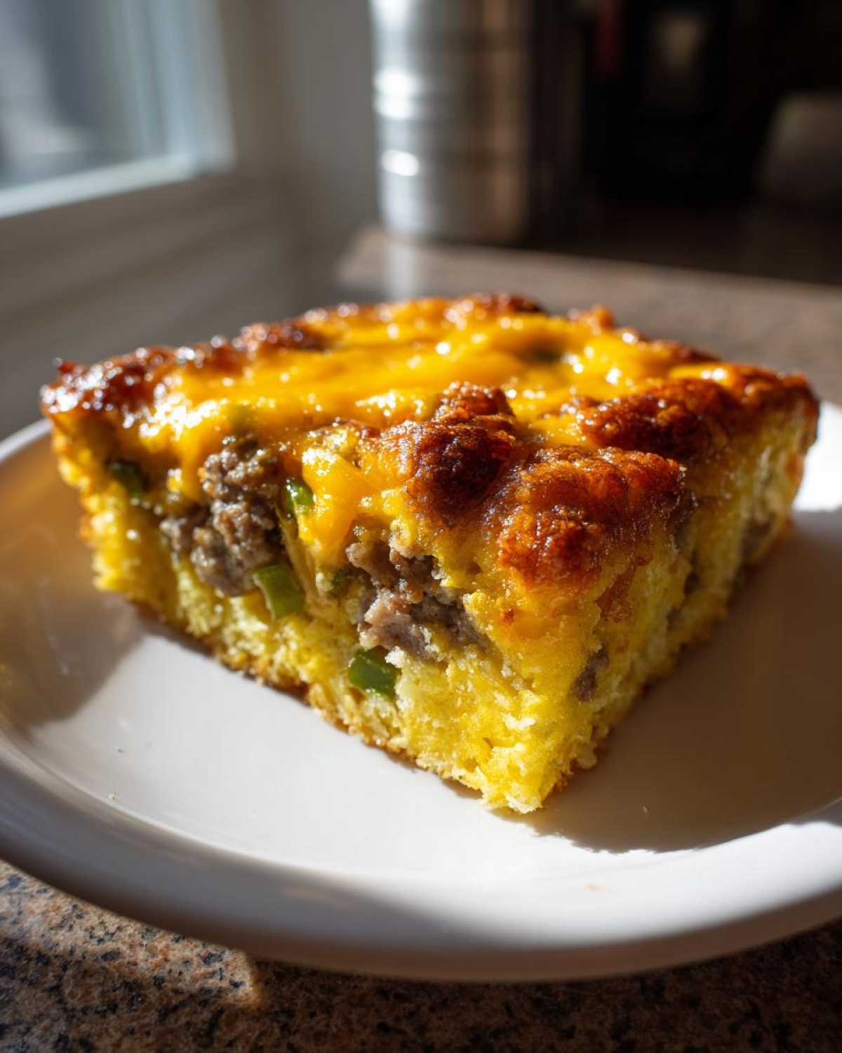 A square slice of Tater Tot Breakfast Casserole topped with melted, browned cheddar cheese, served on a white plate.
