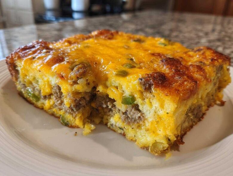 A close-up slice of Tater Tot Breakfast Casserole topped with melted cheddar cheese and sausage.