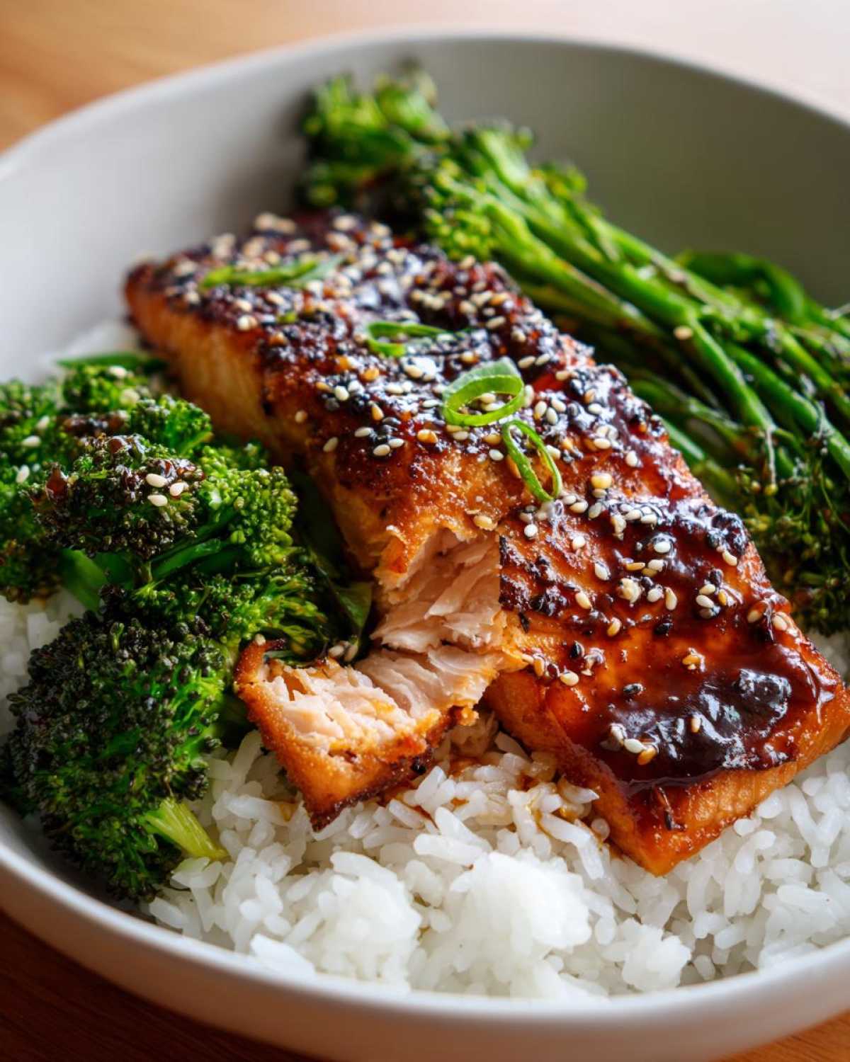 Close-up of a Teriyaki Salmon Rice Bowl featuring glazed salmon, white rice, and green vegetables.