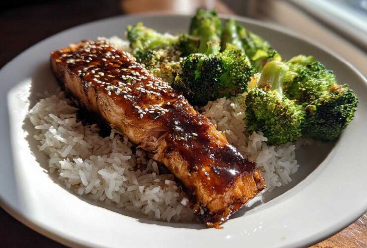 A piece of glazed Teriyaki Salmon served over white rice with roasted broccoli florets.