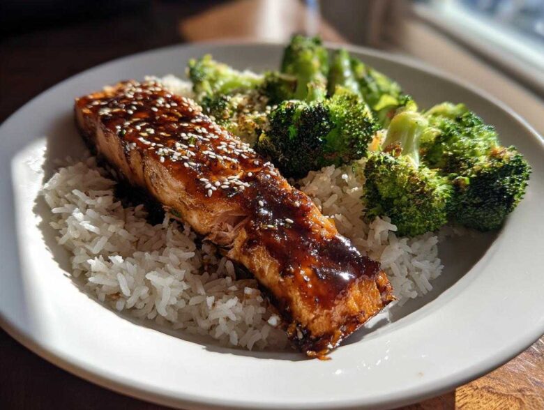 A piece of glazed Teriyaki Salmon served over white rice with roasted broccoli florets.