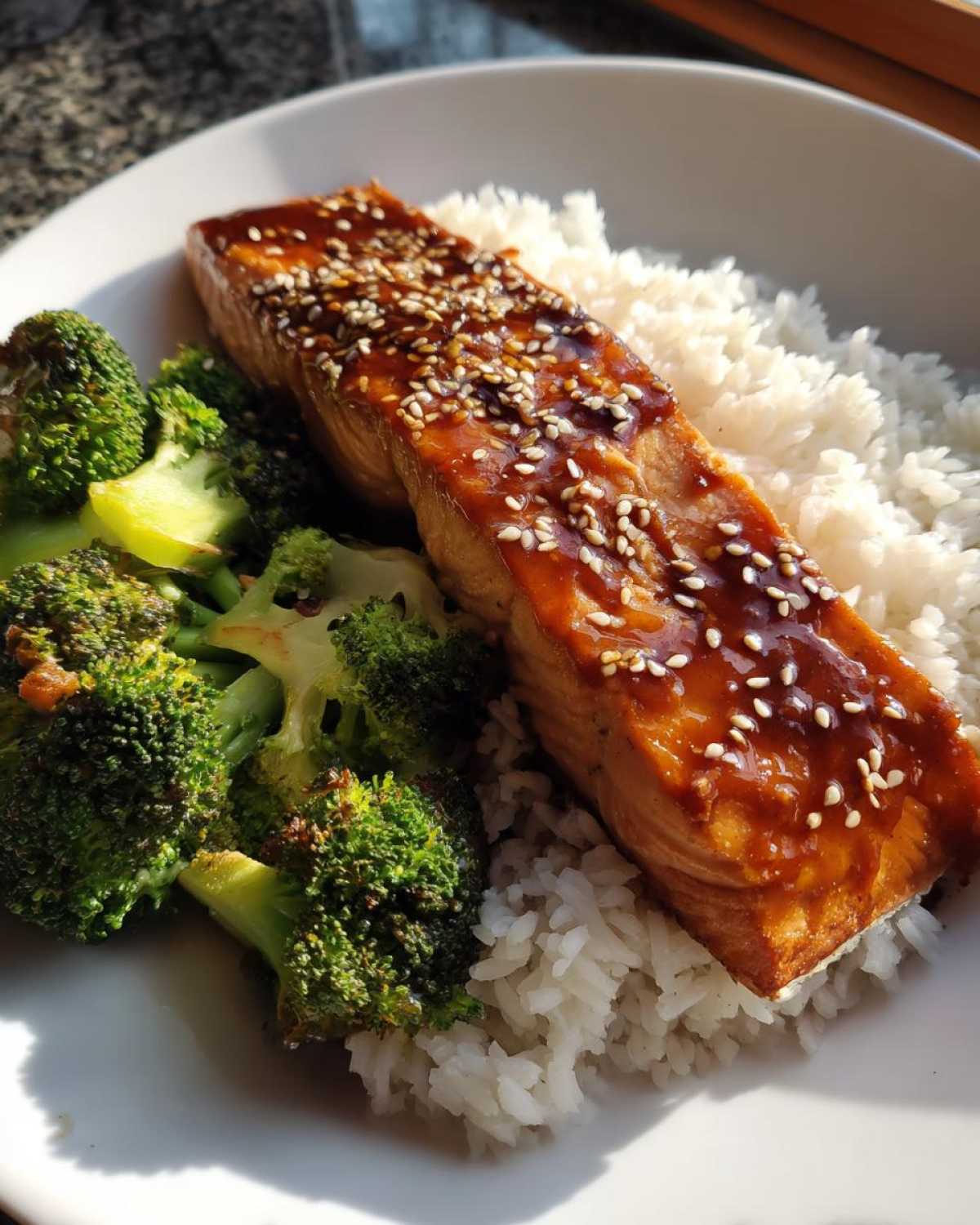 A perfectly cooked fillet of salmon glazed with teriyaki sauce and sesame seeds served over white rice with steamed broccoli, part of Teriyaki Salmon Rice Bowls.