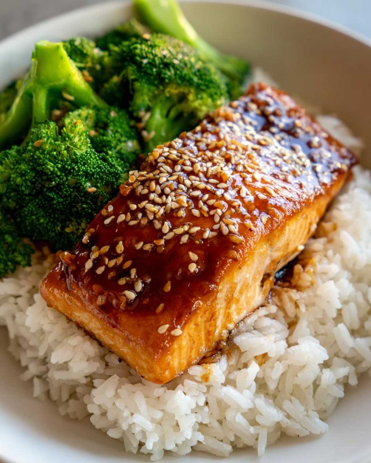 Close-up of a Teriyaki Salmon Rice Bowls serving with glazed salmon, white rice, and steamed broccoli.