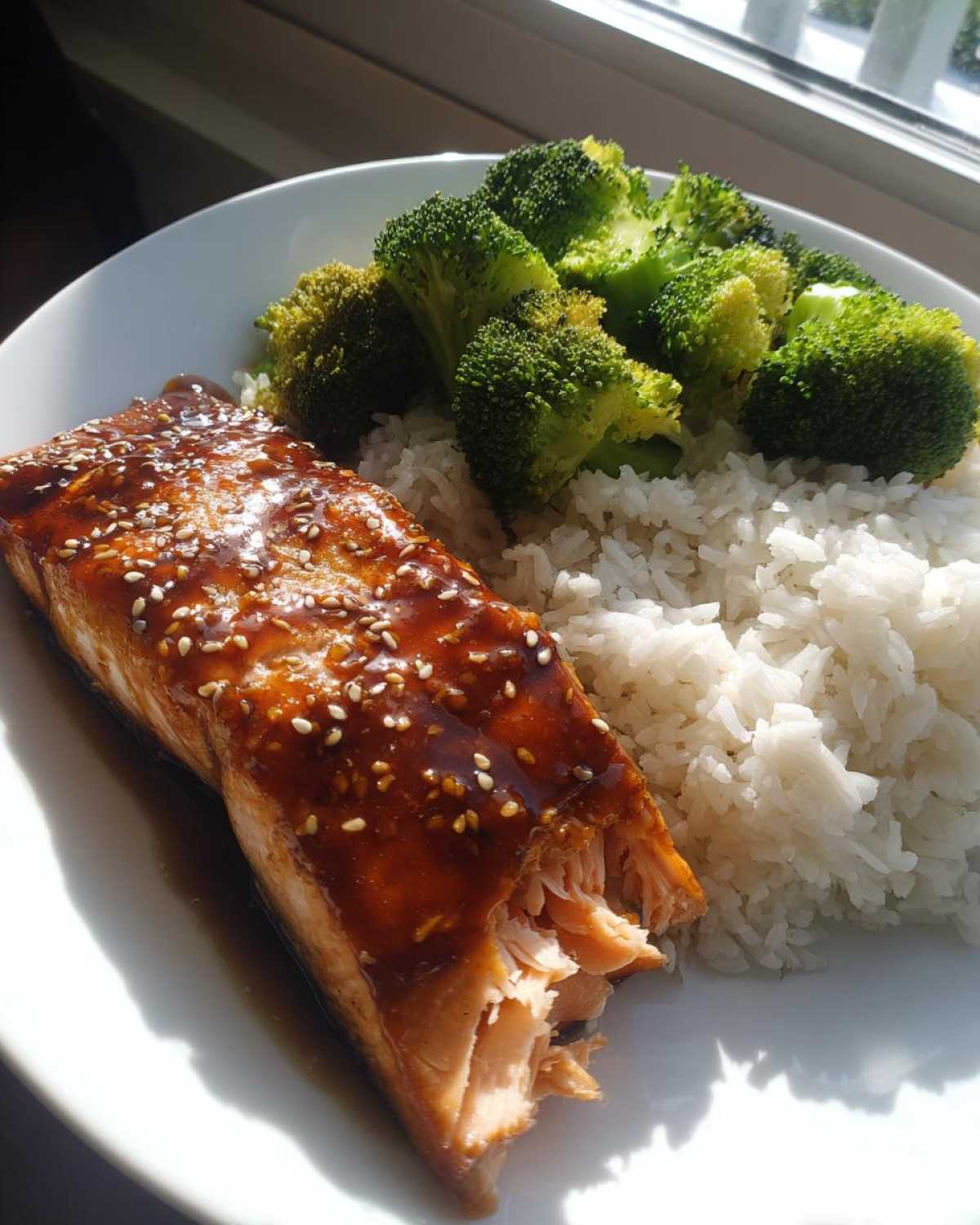A flaky piece of glazed Teriyaki Salmon served with white rice and steamed broccoli.