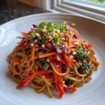 A vibrant serving of Thai Peanut Noodles with Crunchy Veggies, topped with peanuts and scallions.