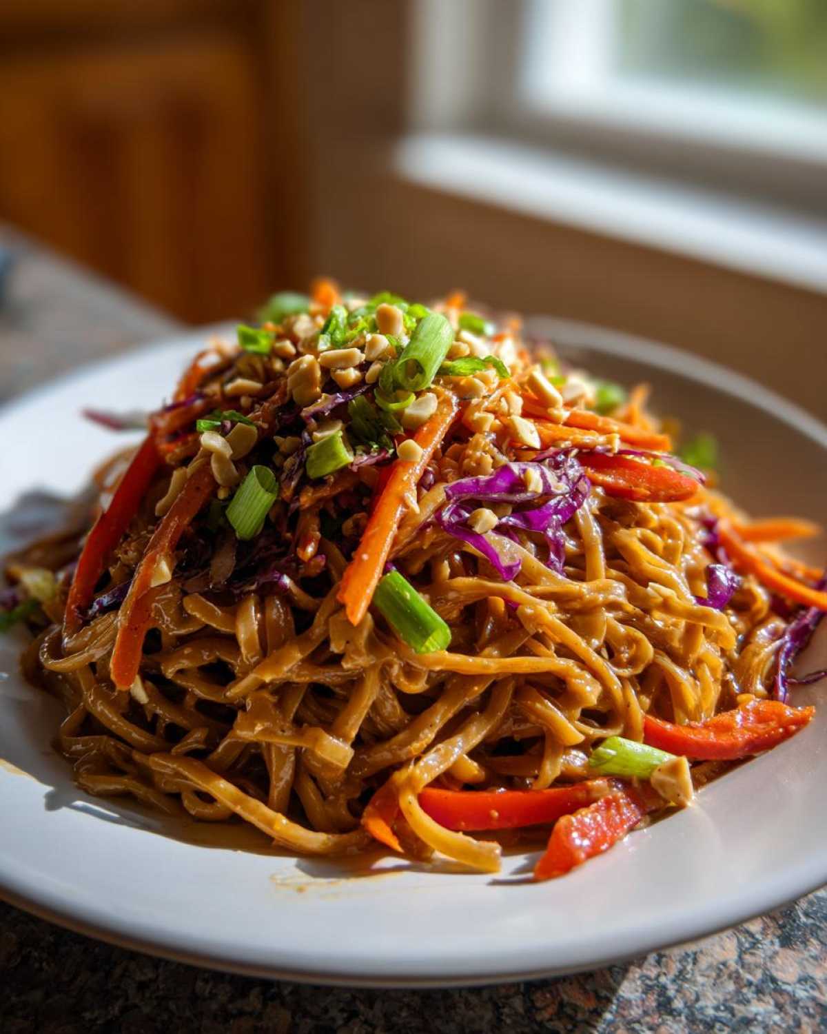 A close-up of a serving of Thai Peanut Noodles with Crunchy Veggies, topped with peanuts and scallions.