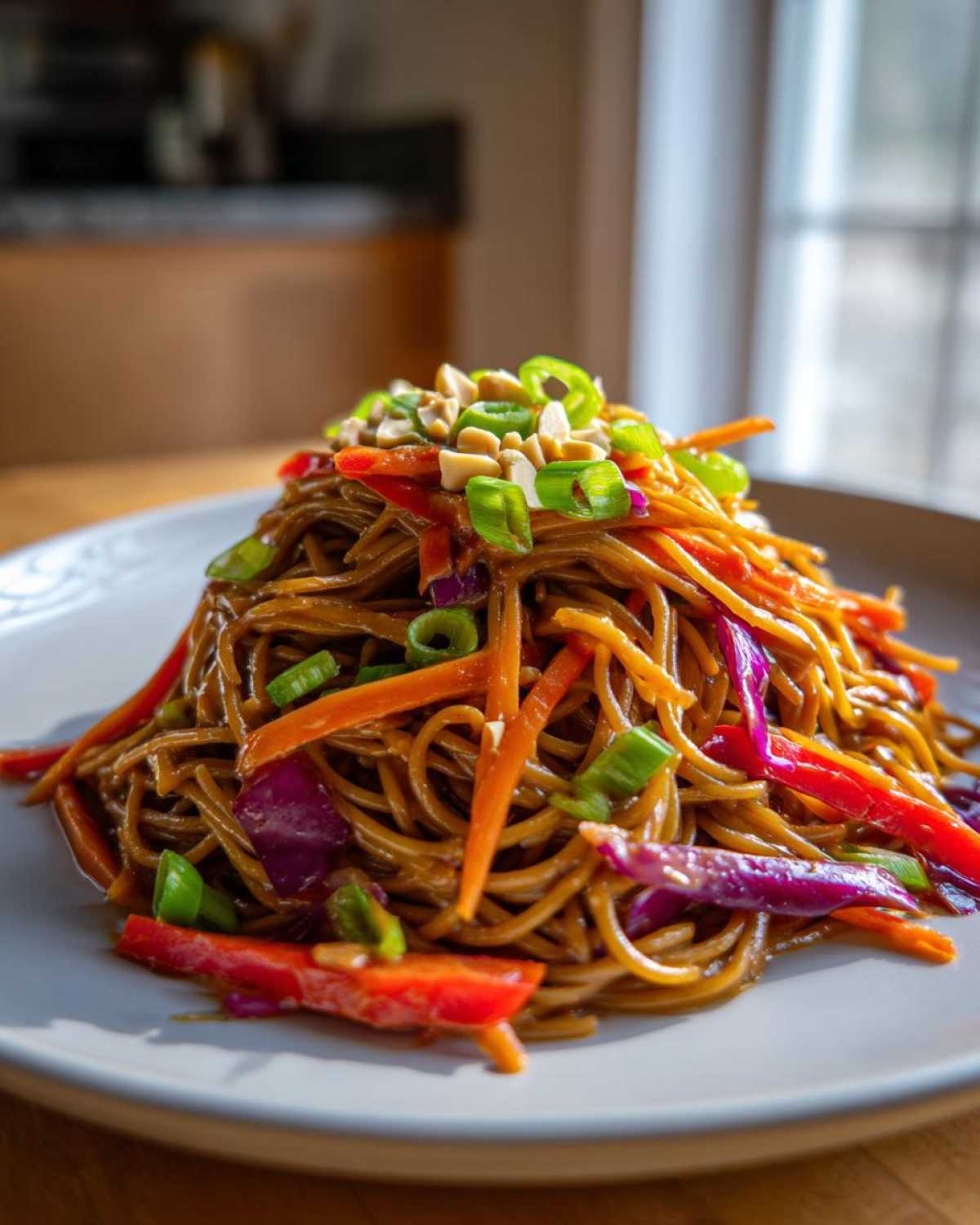 A mound of Thai Peanut Noodles with Crunchy Veggies, topped with peanuts and green onions, served on a white plate.