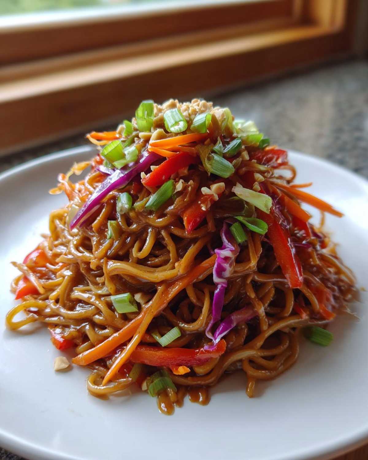A mound of saucy Thai Peanut Noodles with Crunchy Veggies topped with shredded carrots, peppers, and green onions.