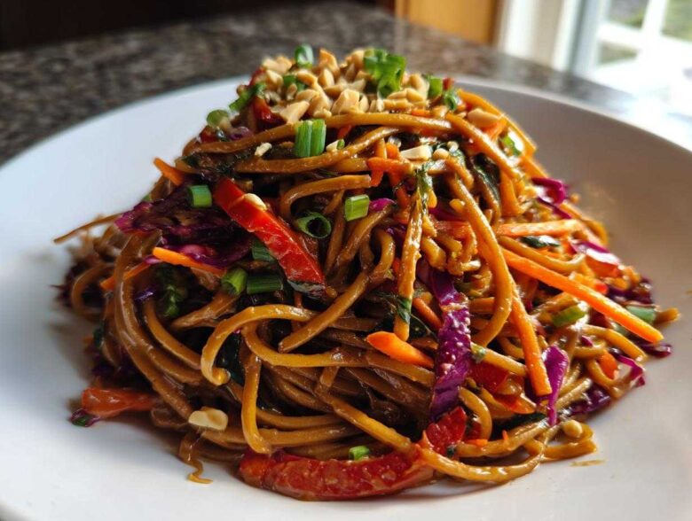 A close-up of a mound of Thai Peanut Noodles with Crunchy Veggies, topped with peanuts and green onions.
