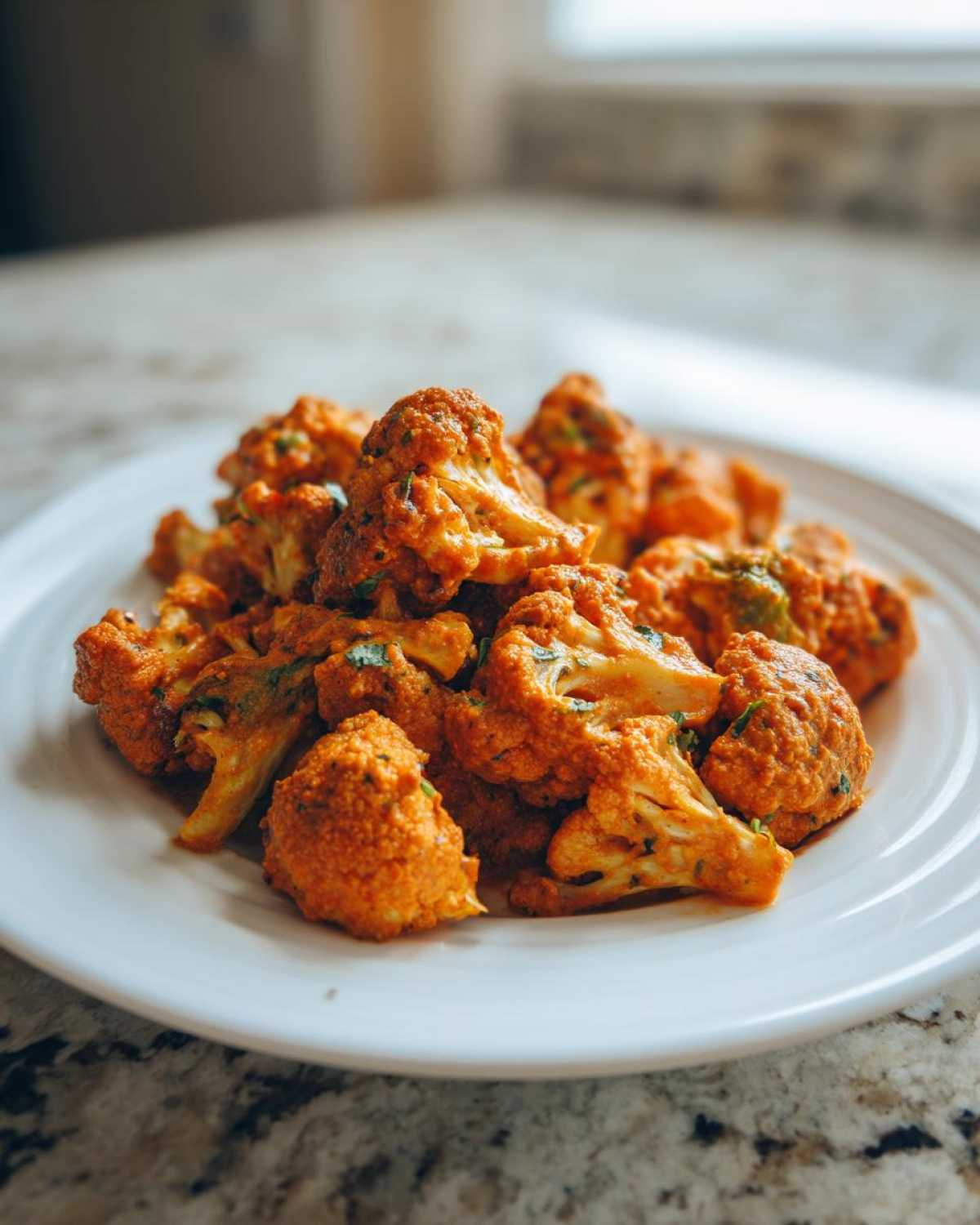 Close-up of cauliflower florets coated in rich orange sauce for Vegan Cauliflower Tikka Masala on a white plate.