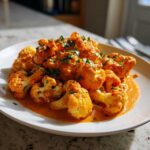 Close-up of bright orange Vegan Cauliflower Tikka Masala florets served in a creamy sauce and garnished with fresh cilantro.