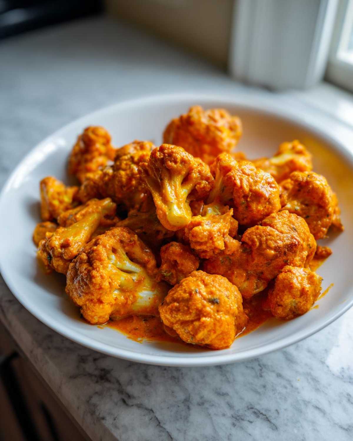 Close-up of cauliflower florets coated in rich, orange sauce for Vegan Cauliflower Tikka Masala.