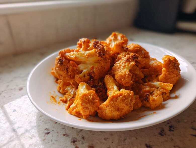 A white plate filled with bright orange florets of Vegan Cauliflower Tikka Masala, sitting on a speckled countertop.