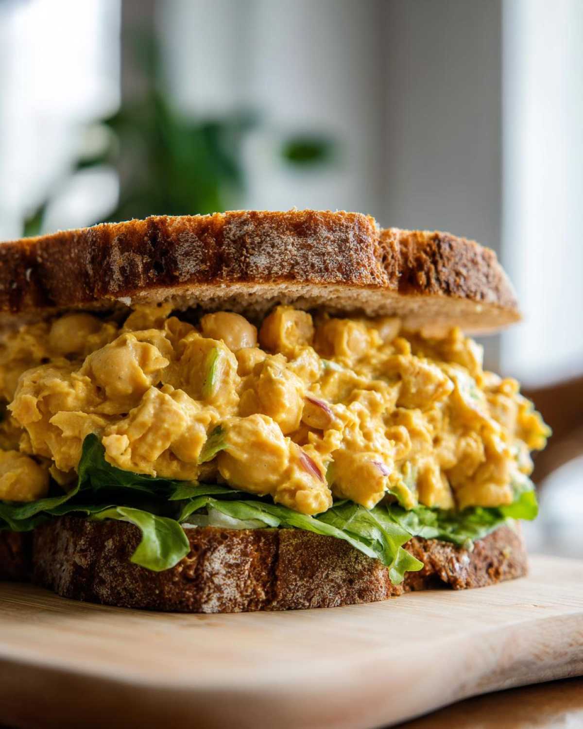 A hearty Vegan Chickpea Salad Sandwich piled high with creamy yellow filling and lettuce between two slices of dark whole-grain bread.