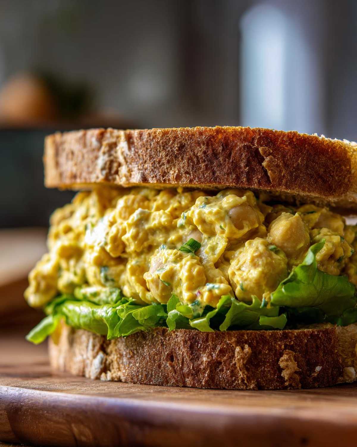 A close-up of a hearty Vegan Chickpea Salad Sandwich layered with creamy yellow filling and crisp lettuce on whole-grain bread.