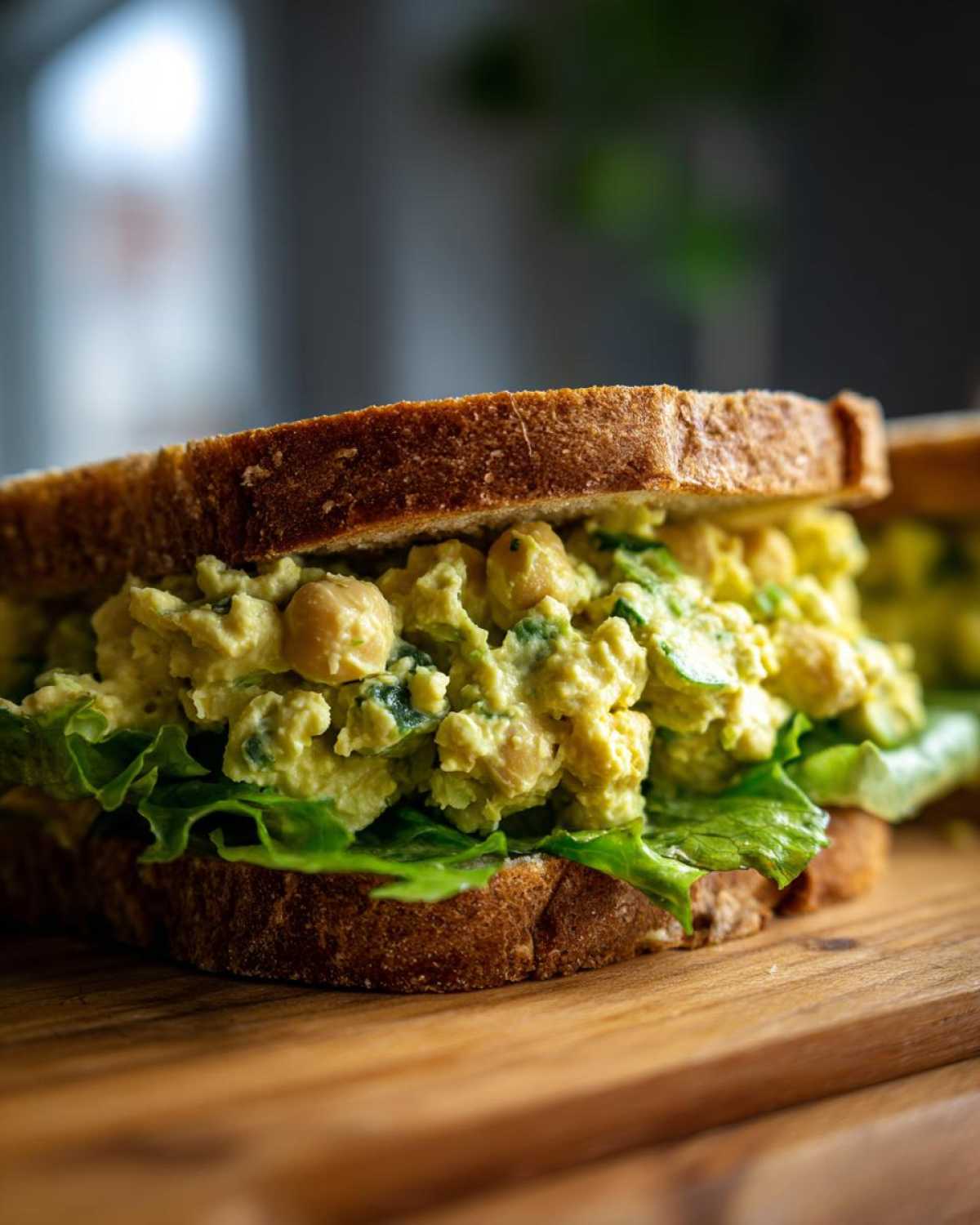 Close-up of a hearty Vegan Chickpea Salad Sandwich on toasted whole grain bread with lettuce.