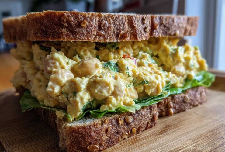 Close-up of a thick Vegan Chickpea Salad Sandwich overflowing with creamy filling between two slices of seeded whole grain bread.