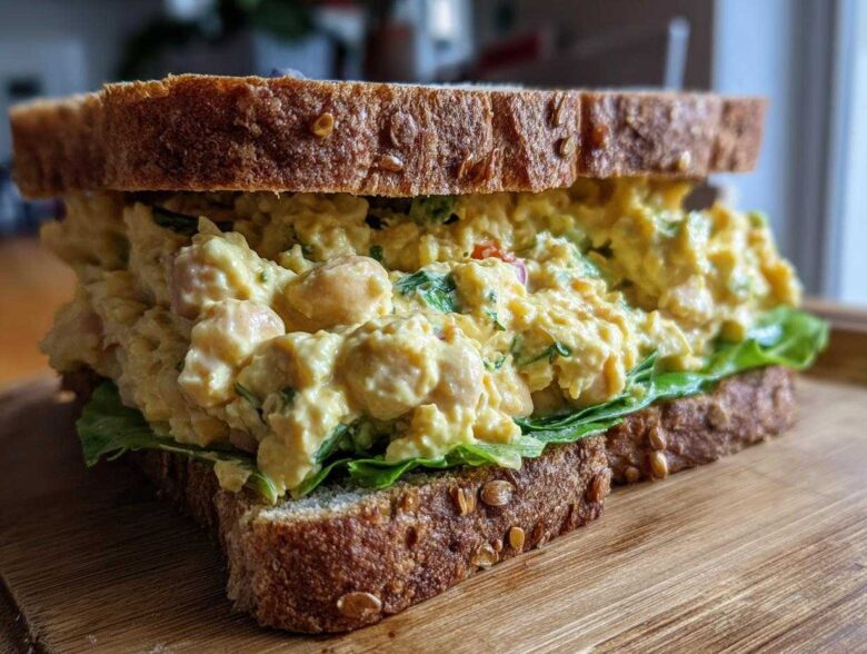 Close-up of a thick Vegan Chickpea Salad Sandwich overflowing with creamy filling between two slices of seeded whole grain bread.