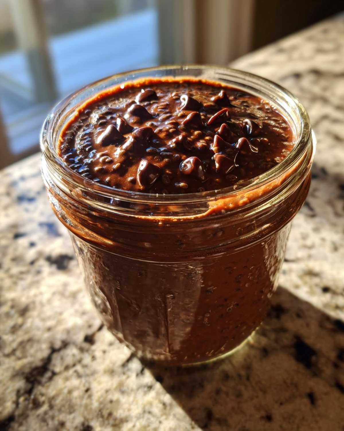 Close-up of a jar filled with thick Vegan Chocolate Chia Pudding topped with chocolate chips.