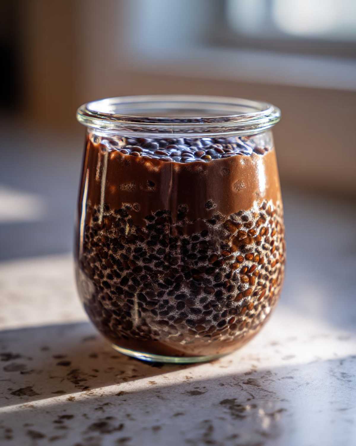 Close-up of Vegan Chocolate Chia Pudding showing hydrated chia seeds suspended in rich chocolate mixture inside a glass jar.