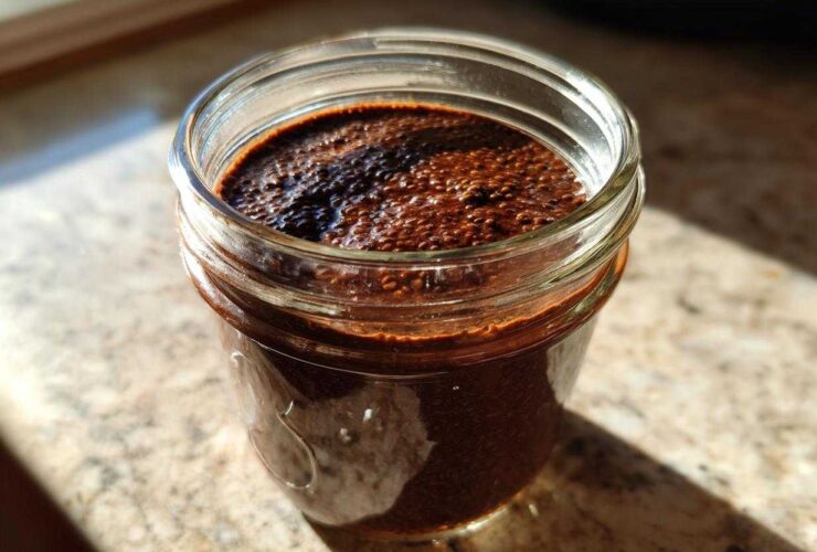 Close-up of thick Vegan Chocolate Chia Pudding set in a small glass jar, catching sunlight.
