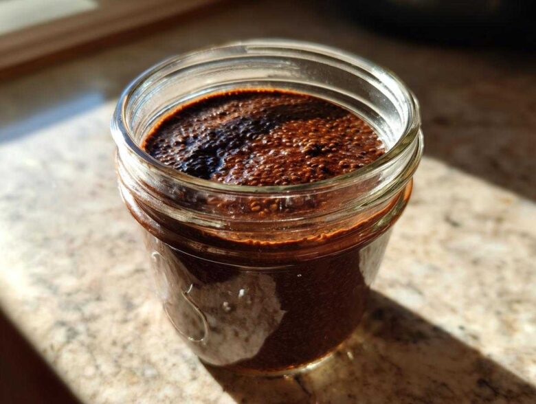 Close-up of thick Vegan Chocolate Chia Pudding set in a small glass jar, catching sunlight.