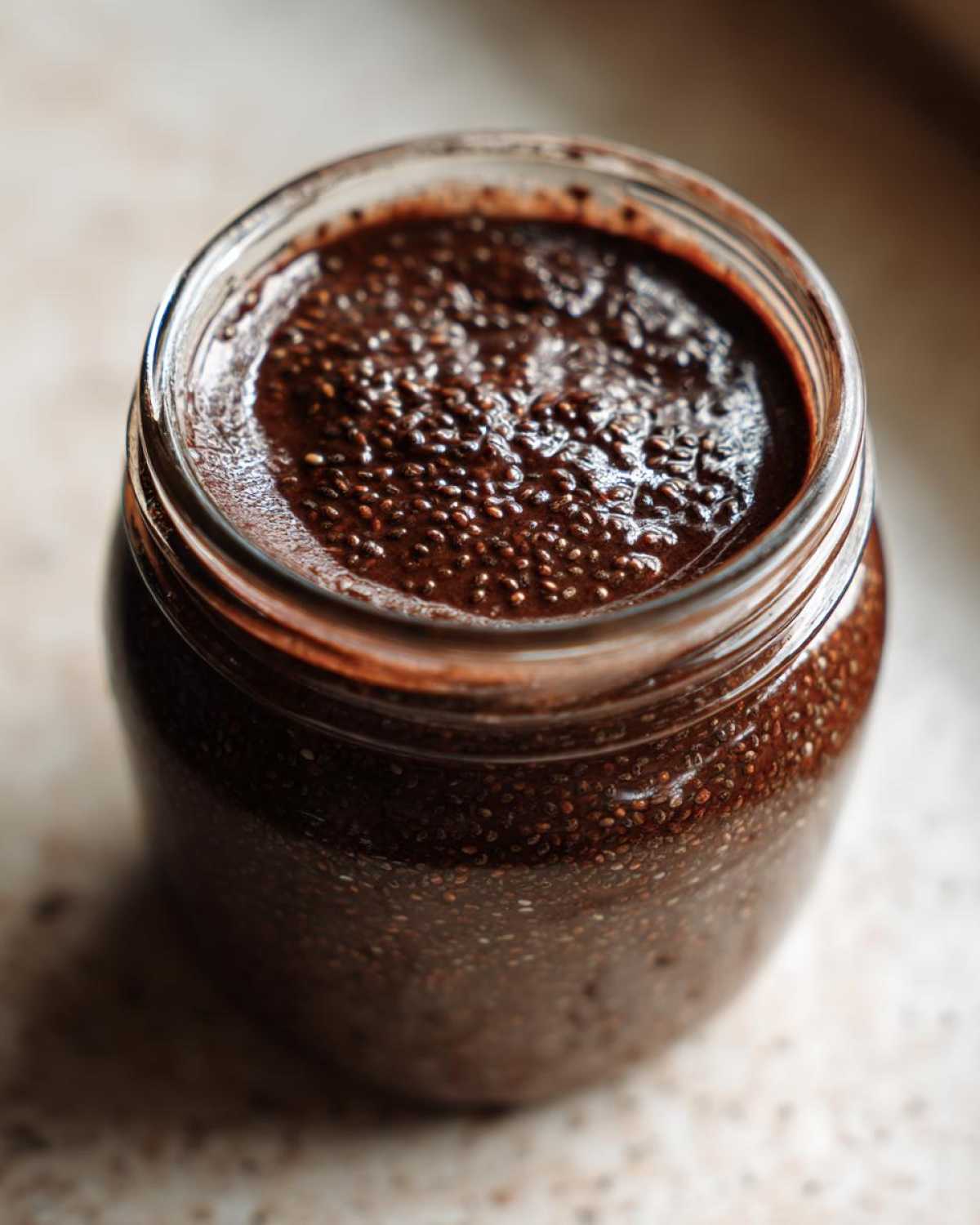 Close-up overhead shot of thick Vegan Chocolate Chia Pudding texture inside a glass jar.