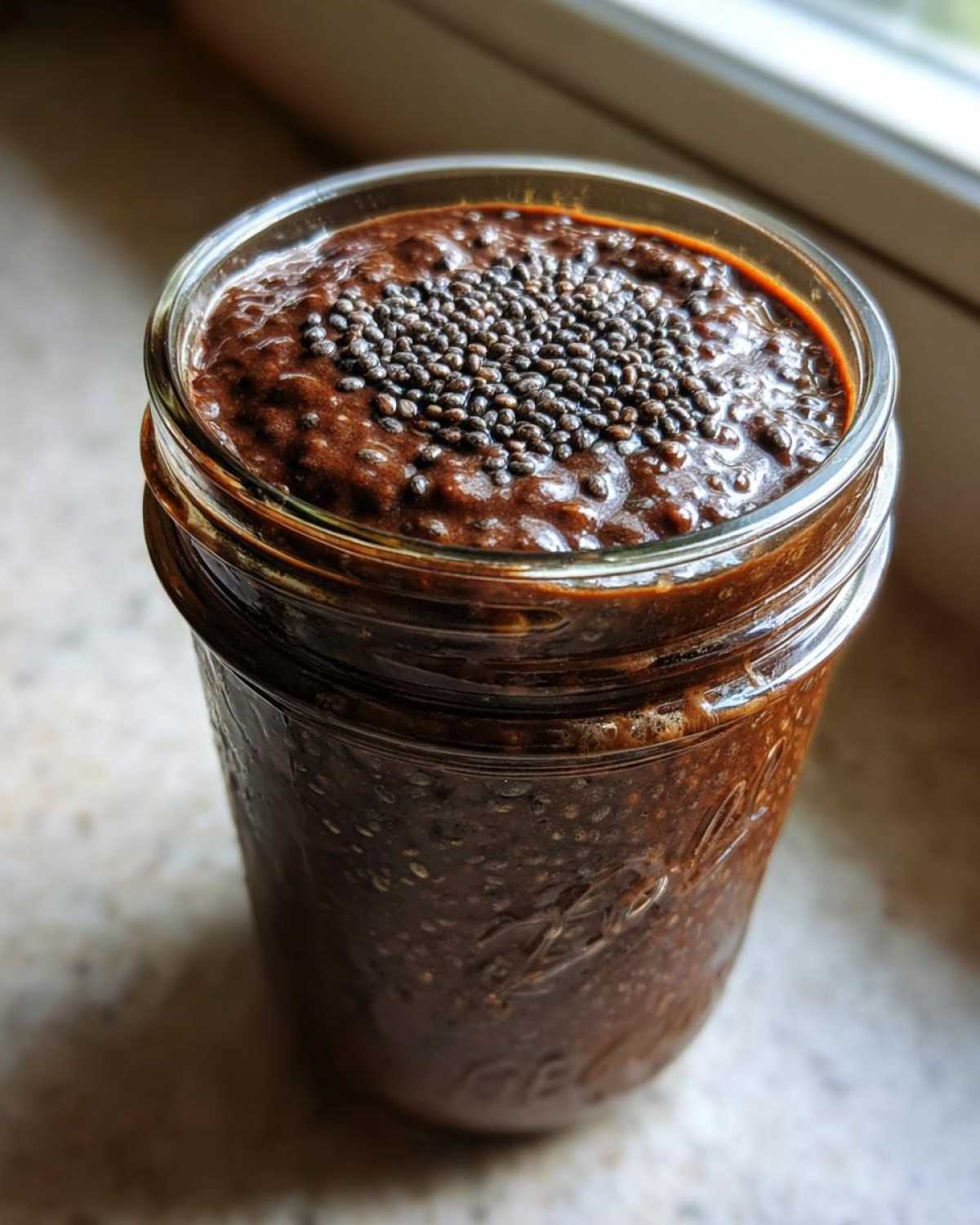 Close-up of thick Vegan Chocolate Chia Pudding topped with whole chia seeds in a glass jar.