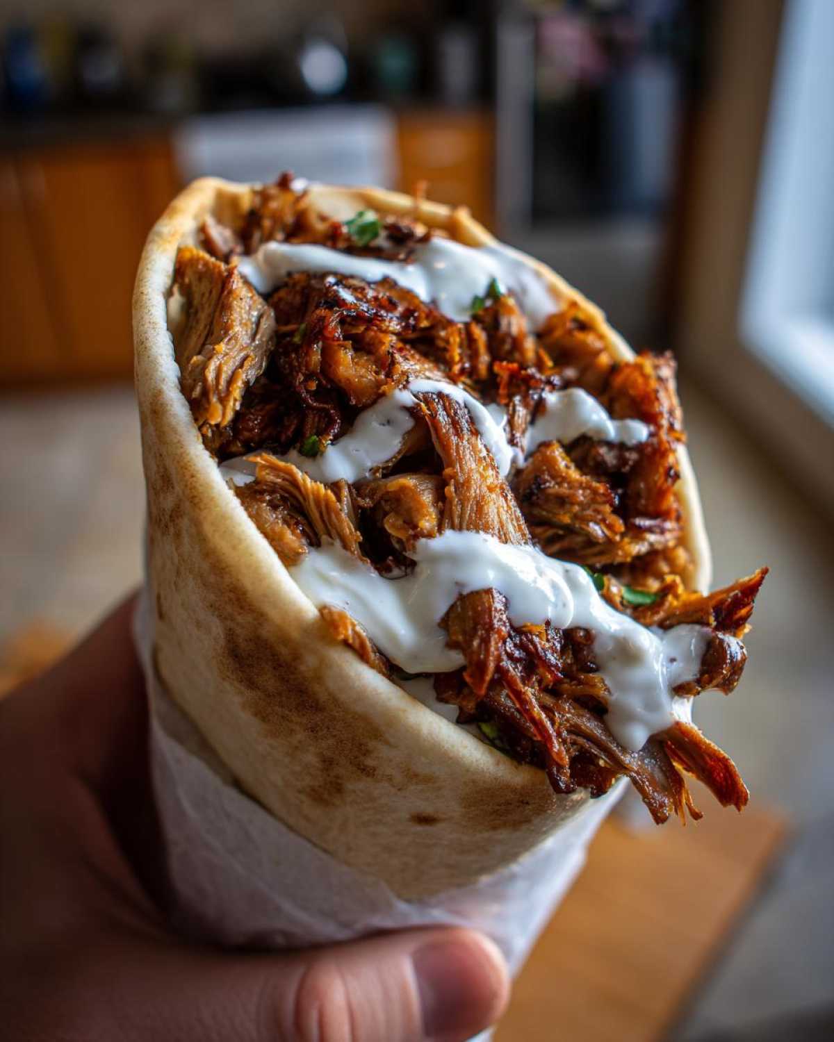 A hand holding a pita stuffed with savory Vegan Mushroom Shawarma and drizzled with white sauce.