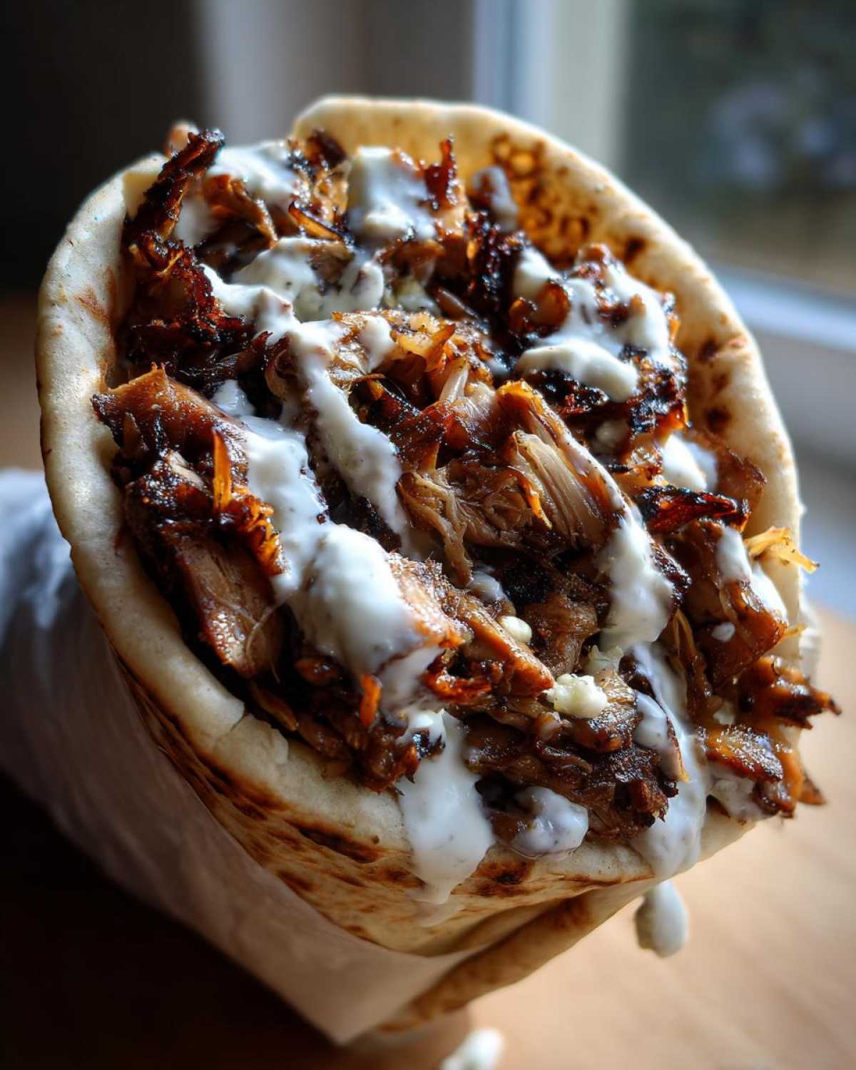 Close-up of a generously filled Vegan Mushroom Shawarma wrapped in pita bread and drizzled with white sauce.