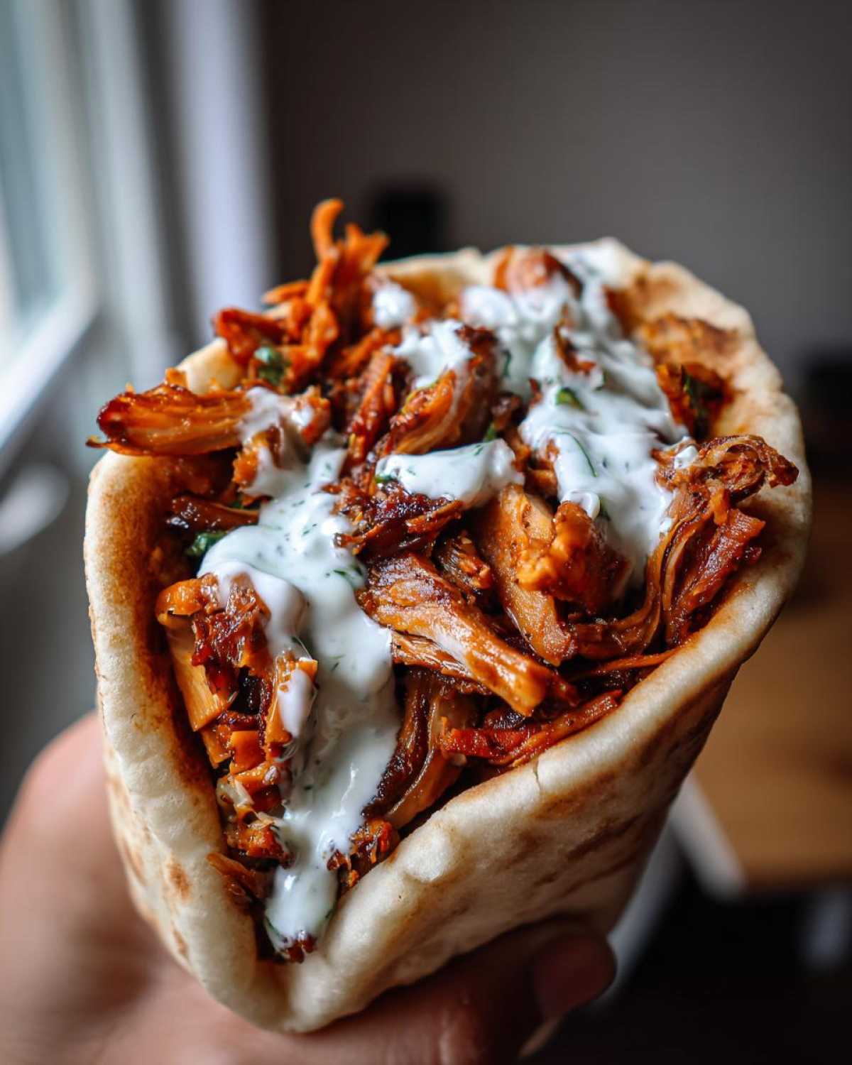 Close-up of a hand holding a pita stuffed with savory Vegan Mushroom Shawarma and drizzled with white sauce.