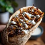 A close-up shot of a delicious Vegan Mushroom Shawarma wrapped in pita bread and drizzled with white sauce.