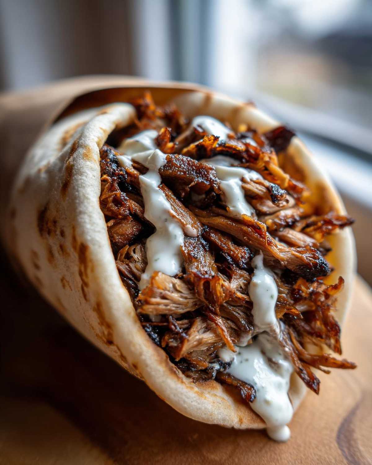 Close-up of a delicious Vegan Mushroom Shawarma wrapped in pita bread and drizzled with white sauce.