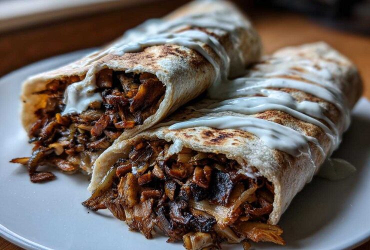 Two halves of a Vegan Mushroom Shawarma wrap, generously filled with spiced mushrooms and drizzled with white sauce, served on a white plate.