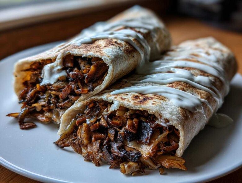 Two halves of a Vegan Mushroom Shawarma wrap, generously filled with spiced mushrooms and drizzled with white sauce, served on a white plate.