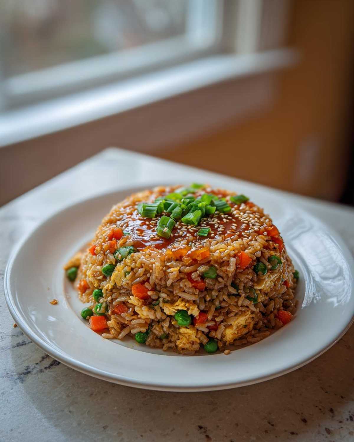 A perfectly molded serving of Vegetable Fried Rice with Sesame Ginger Sauce, topped with scallions and sesame seeds.