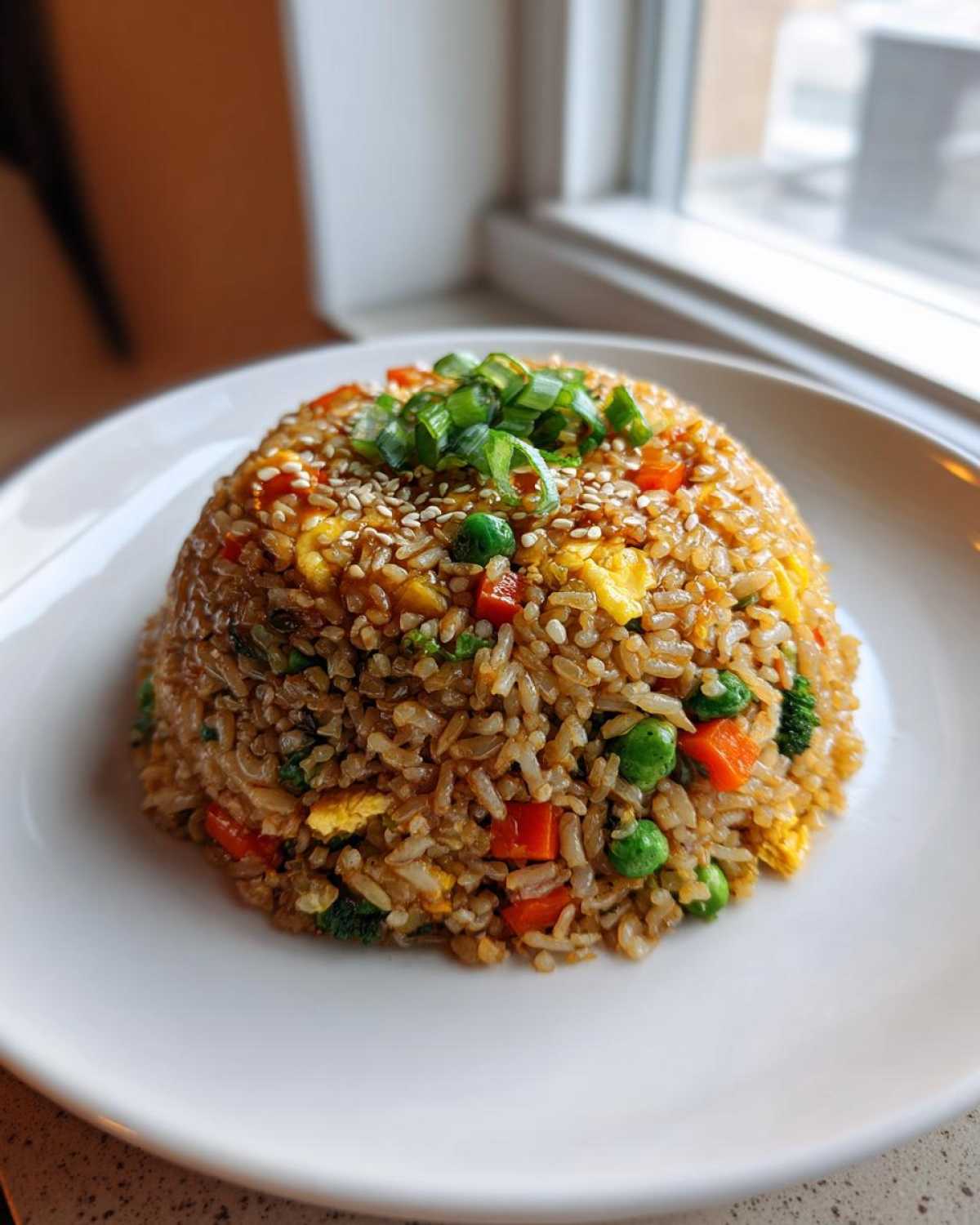 A dome-shaped serving of Vegetable Fried Rice with Sesame Ginger Sauce, topped with green onions and sesame seeds.