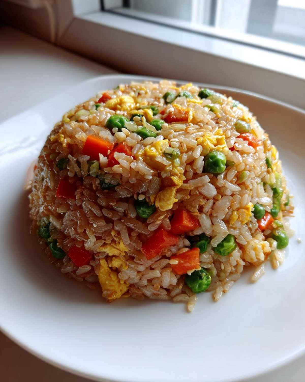 A perfectly molded dome of Vegetable Fried Rice with peas, carrots, and scrambled egg on a white plate.