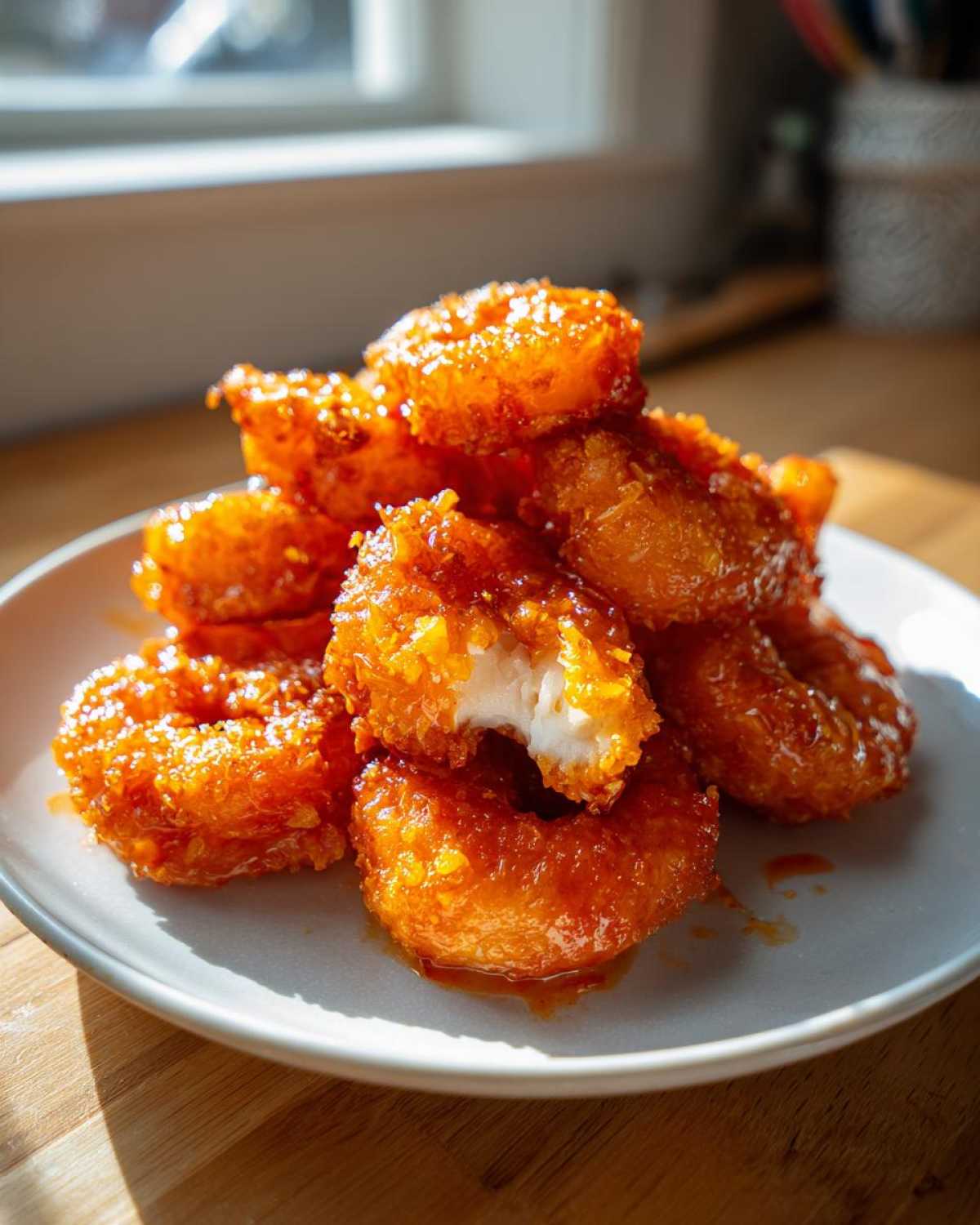 A stack of golden, crispy Air Fryer Crispy Buffalo Shrimp coated in a shiny orange buffalo glaze on a light gray plate.