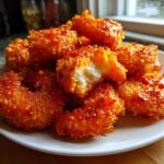 A pile of golden, crispy Air Fryer Crispy Buffalo Shrimp coated in a glossy orange sauce on a white plate.