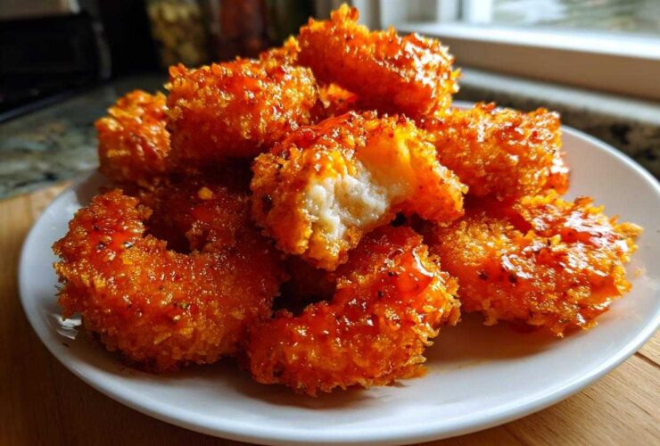 A pile of golden, crispy Air Fryer Crispy Buffalo Shrimp coated in a glossy orange sauce on a white plate.