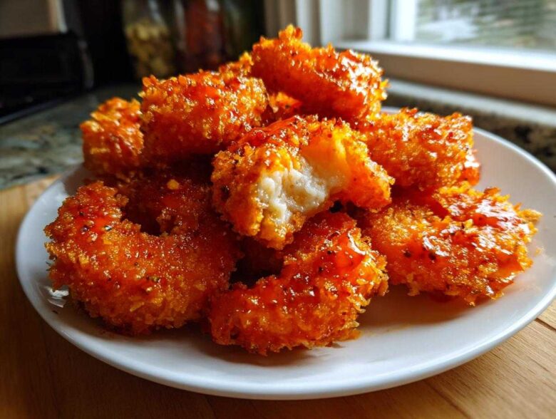 A pile of golden, crispy Air Fryer Crispy Buffalo Shrimp coated in a glossy orange sauce on a white plate.