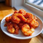 A close-up of a white plate piled high with vibrant orange Air Fryer Crispy Buffalo Shrimp, sprinkled with salt.
