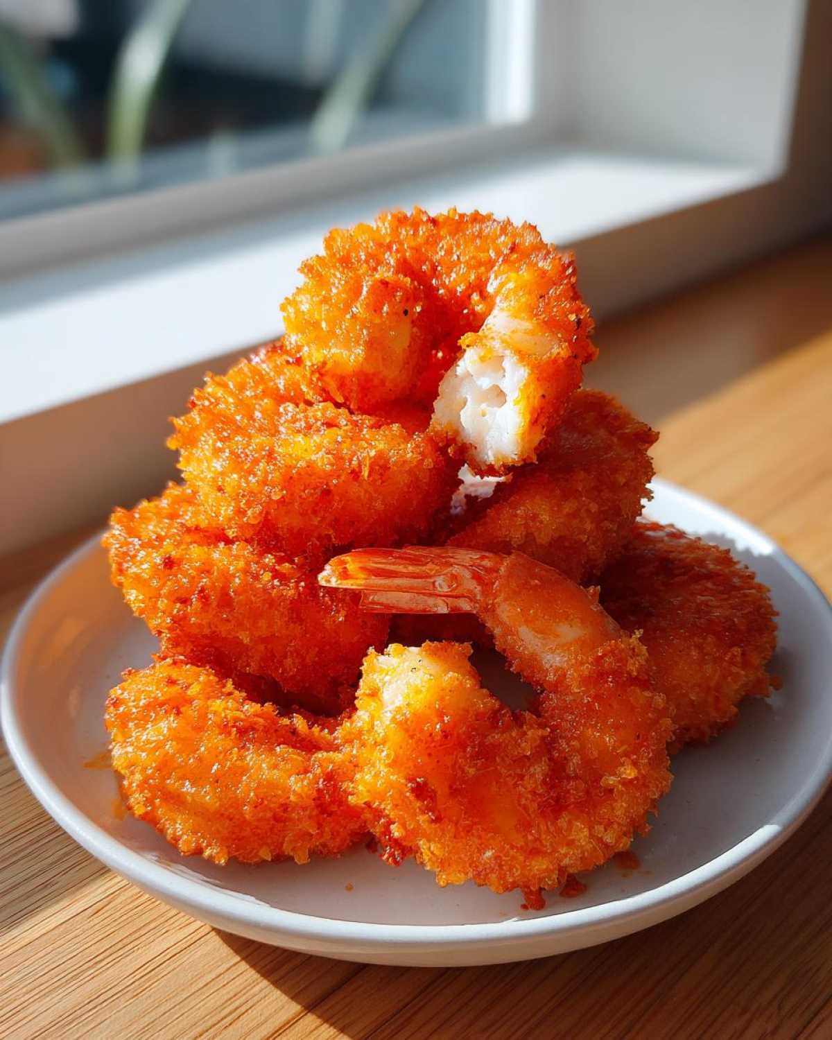 A stack of bright orange, crispy Air Fryer Crispy Buffalo Shrimp piled high on a small white plate.