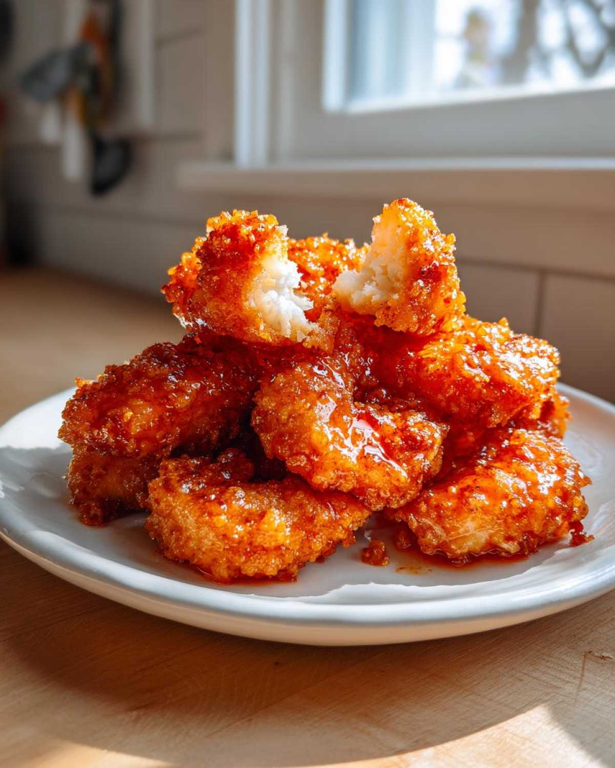 A close-up of crispy Air Fryer Crispy Buffalo Shrimp piled high on a white plate, glistening with sauce.