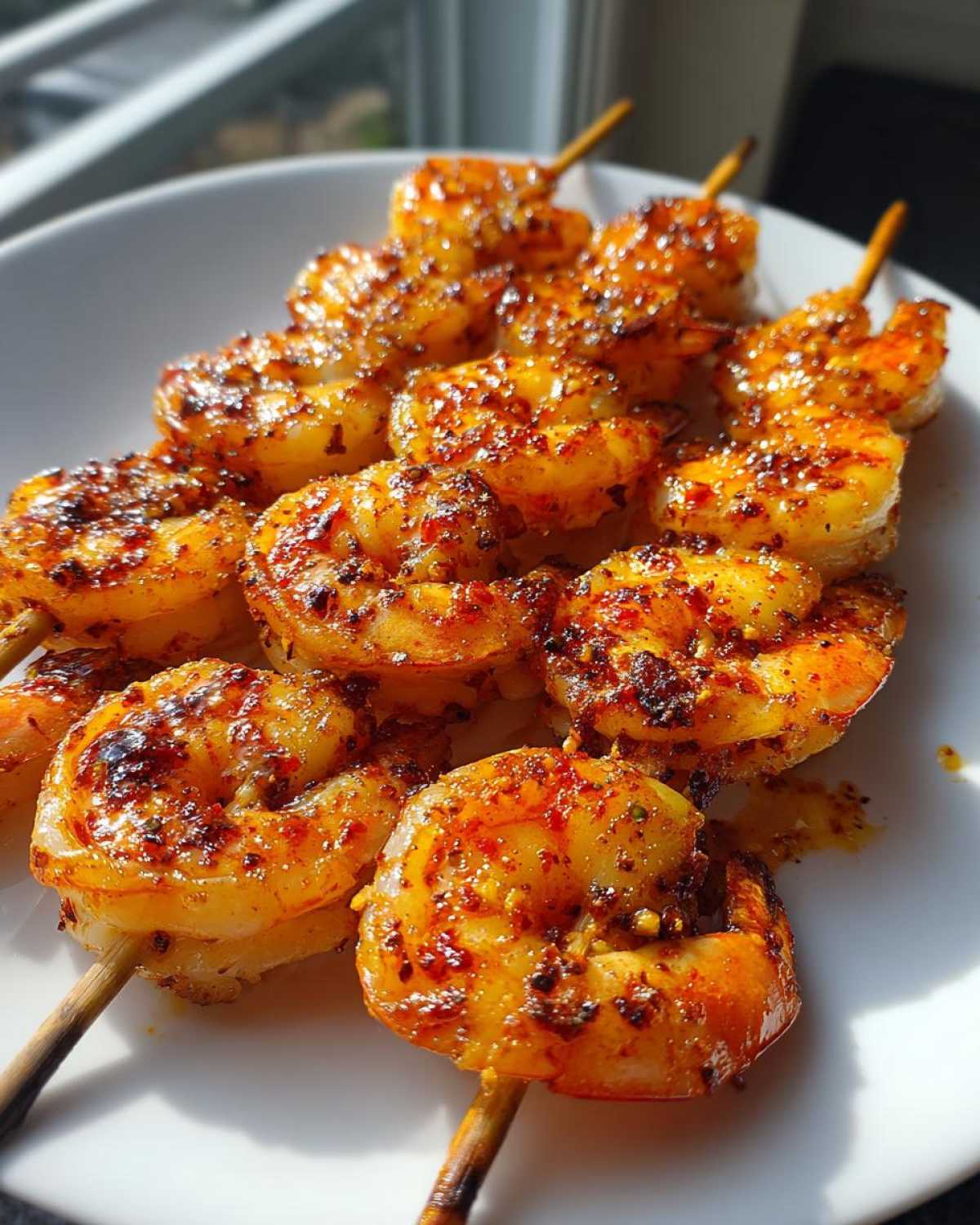 Close-up of several Air Fryer Crispy Cajun Shrimp Skewers glistening with seasoning on a white plate.
