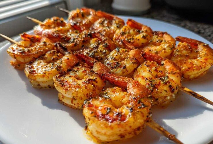 Close-up of several Air Fryer Crispy Cajun Shrimp Skewers arranged on a white plate, glistening with seasoning.
